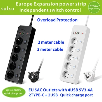 Europska utičnica sa nezavisna prekidača za upravljanje, 5 utičnica za ac napon punjenja putem USB-A i USB-C, produžni kabel kapaciteta 3250 W
