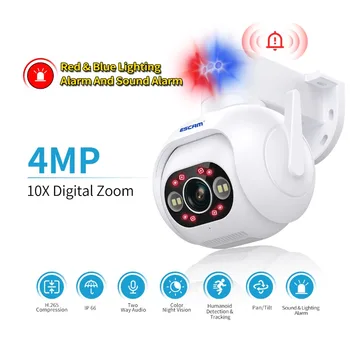 ESCAM PT304 4MP otkrivanje i praćenje humanoida, Wi-Fi, plavo i crveno svjetlo i zvučni alarm, inteligentni dual izvor svjetlosti