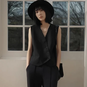 Crno odijelo-prsluk, ženski korejski moda, šik dizajn, ljetna jakna bez rukava, nova odjeća, starinski приталенный prsluk, top