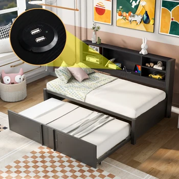 Kauč dual veličine s pomičnim sandučićem dvostruke veličine, police za pohranu i USB priključka, crni
