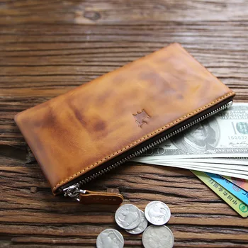 Starinski muški dug novčanik iz bičevati s gornjim slojem i patent zatvarač od prave kože, ultra-tanki novčanik, torba za telefon, velikog kapaciteta