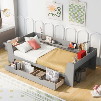 Jednostavan dizajn, bračni kauč s policama, ladicama i ugrađen uređaj za punjenje stanice, siva, udobne spavaće sobe, dnevni boravak