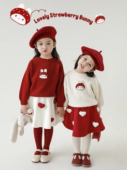 Crvena odjeća za djevojčice, Jesenski dječja majica s kapuljačom za odmor, komplet свитеров s white rabbit