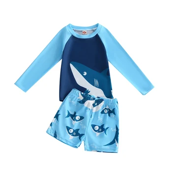 Komplet od 2 predmeta za kupanje za dječake, majice s okruglog izreza i dugim rukavima i плавками s po cijeloj površini morskog psa, kupaći kostim