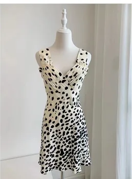 Donje seksi mini haljina bez rukava s леопардовым po cijeloj površini i V-izrez od 100% svile