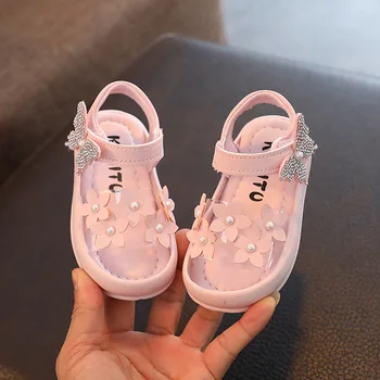 Sandale princeze za djevojčice, Soft dječje cipele s cvijećem i biserima, Funky dječje cipele sa štrasom-leptire, đonovi Ljetna obuća 2023 godine