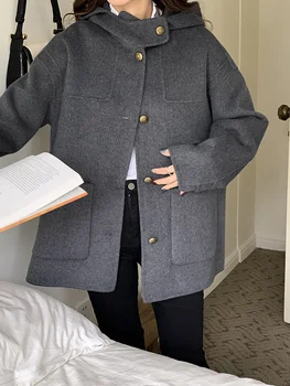 Jesen/zima 2023, Novi bilateralni плюшевое kaput, ženski kaput u stilu faksu, siva metalna kopča, Univerzalna vune kaput