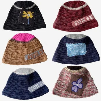 Novost 2023 godine, Ins, Berba Tople kape ručni rad u patchwork stilu, Ženske Jesensko-zimske pletene kape u korejskom stilu s cvijećem Y2k, Вязаная panama
