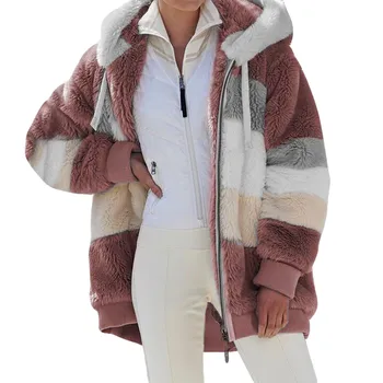 Ženska Slobodna od samta jakna s kapuljačom na zatvarač u Boji blok, Moderan Svakodnevni topla jakna od vune, janjetina, Udobna mekana jakna Chaquetas