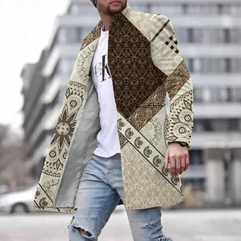 Muški vune kaput, jakna, Funky muška odjeća u traku s geometrijskim po cijeloj površini, Jesensko-zimsko Однобортное kaput sa džepovima, gornja odjeća