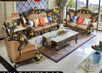 Kombinacija kožne sofe u europskom stilu, boja crvene sandalovine, luksuzna obostrane rezbarena dnevni boravak, velika vila, cijela kuća