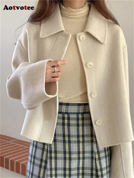 Aotvotee/ Donje monotone vune kaput Jesen-Zima 2023, Korejski trendy i casual однобортный tvida jaknu, Vintage kaput s dugim rukavima