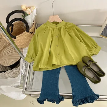 Casual odjeća za djecu, proljeće-jesen, lutkarska košulja za djevojčice, Zelena košulja, top sa пузырчатыми rukavima, Traper hlače spaljene, Dječja odjeća, Traperice za djevojčice