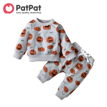 PatPat/ set od 2 predmeta na Halloween, majica sa dugim rukavima i športske hlače s uzorkom od bundeve za mlađe dječake i djevojčice