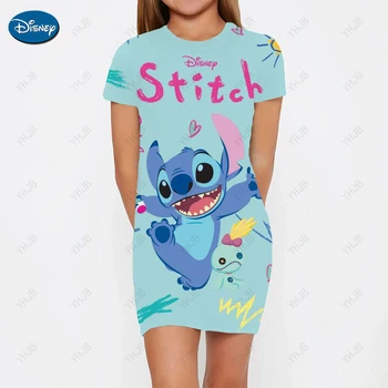 Novi Обтягивающее Slatka haljina Disney Stitch s okruglog izreza i po cijeloj površini, Ljetna Haljina kratkih rukava, Funky uličnu odjeću za косплея za djevojčice