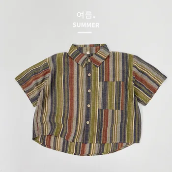 Dječje casual košulja u korejskom stilu 2023, Ljetna košulja na pruge za dječake, Nove boje s хлопковыми отворотами, Tanki kaput, majica za djecu