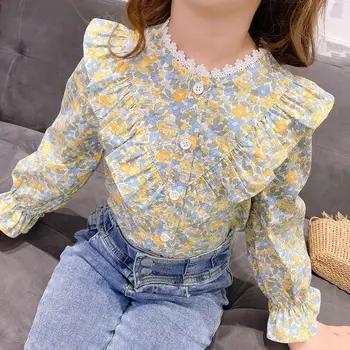 Majice za djevojčice Dugi rukav, Proljeće-Jesen 2023, Nove Majice s cvjetnim uzorkom za djecu srednje i velike veličine, Funky bluza u korejskom stilu