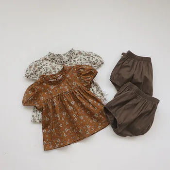 Ljetni kostim za djevojčice, dječje lanena Pamučnim lutkarska košulju s cvjetnim uzorkom, komplet sa pidžame, Majice s kratkim rukavima, Kratke hlacice, Odjeća od 2 predmeta