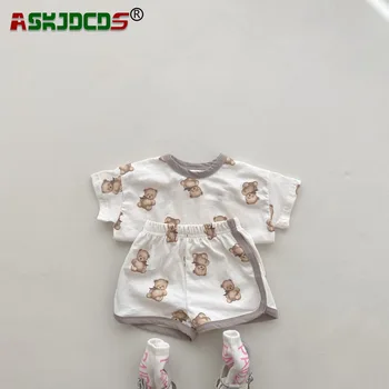 Koreanska verzija, Ljetni Dječji Top sa po cijeloj površini Medvjeda iz Crtića Za Djevojčice i Dječake, Majice + Kratke hlače, Komplet za dječju odjeću za bebe