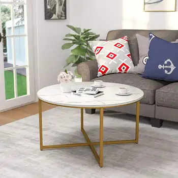 Modni Okrugli stolić od umjetnog mramora 36 centimetara, s metalnim okvirom bijele i бронзово-zlatne boje, savršen za naglasak dekor moderni dnevni boravak