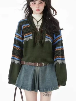 Jesensko-zimski Džemper, Ženski Zelena pletene pulover Y2K, Ženske vintage džemper u stilu Харадзюку s V-izrez, ženska svakodnevni uličnu odjeću u stilu hipi