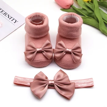 Baywell, Funky povez za glavu za djevojčice + Kit čarapa, 0-12 mjeseci, Slatka čarape Princezu za malu djecu, Jesenje čarape s lukom za bebe