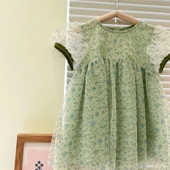 2023, Zelena ljetna haljina s cvjetnim uzorkom za djevojčice, Dječje korejski elegantne haljine s po cijeloj površini 