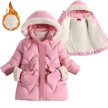 Zimska jakna za djevojčice 2-8 godina, Krzna ovratnik, Odvojiva kapa, plišani jastučić, Teška beba kaput s kapuljačom dječja odjeća, Brod Roze