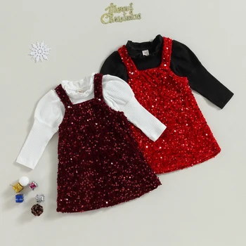 Citgeett, Jesensko-Božićna dječja odjeća za djevojčice, majice s dugim rukavima u ožiljak i haljina na подтяжках s šljokice, Jesenski Božićno odijevanje