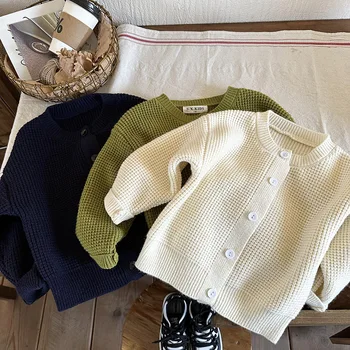 Džemper-cardigan za dječake 2023, Proljeće-осеннее novi modni вязаное kaput za djevojčice u korejskom stilu, однотонный casual jednostavan dječji džemper