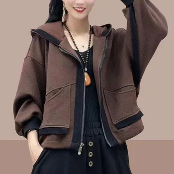 Svakodnevno kaput s kapuljačom, ženska jakna za majka visoke klase, jesensko-zimska nova korejska odjeća u patchwork stilu s kratkim patent-zatvarač, osnovni kaput