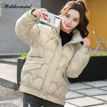 Korejski debeli topli parkovi, Ženska svakodnevni ulični odjeća Sa стоячим ovratnik i džepovima, Sjajni пуховик od pamuka, Slobodna ženska topla jakna zip