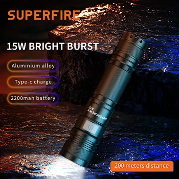 SuperFire A12 Moćna led svjetiljka 15 W sa zoomom, prijenosna svjetiljka s rasponom djelovanja 200 m, punjiva usb-c, svjetiljka za kampiranje i ribolov