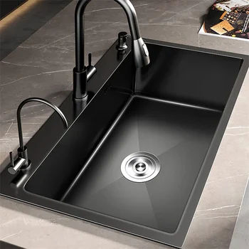 Crna Nano sudoper Od nehrđajućeg čelika 304, Утолщенная sudoper ručni rad, Veliki umivaonik s jednim utorom Pod šankom, bar, umivaonik
