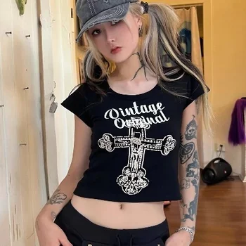 Gotička t-shirt u retro stilu punk za vruće djevojke, Tanki pulover okruglog izreza, kratki rukav, criss-cross, s буквенным po cijeloj površini, patchwork ženska t-shirt u gotičkom stilu