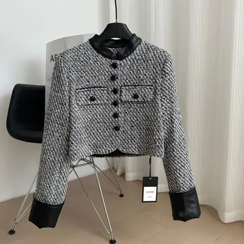 Moderan jakna u retro stilu 2023, Jesenski ženska odjeća, Dizajn kratko sivi kaput od francuskog твида sa стоячим ovratnik, donje
