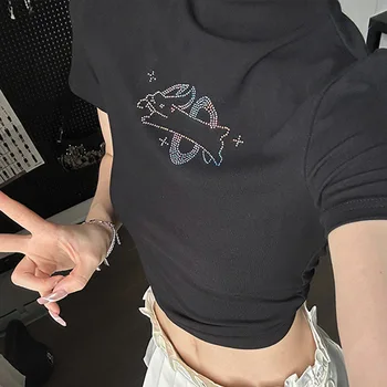 Korejski svakodnevni bluzu kratkih rukava s uzorkom slatka zec, ukrašen štrasom, Ženska ljetna vanjska odjeća, бандажная t-shirt E-girl, seksi skraćeni vrhovima