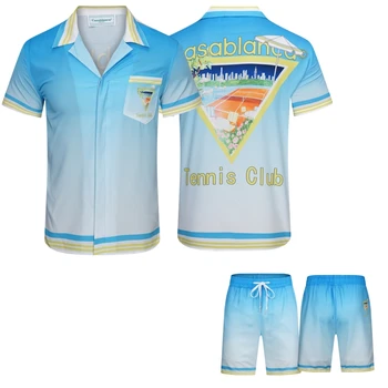 Plava košulja Casablanca s po cijeloj površini teniskog terena i hlače, Muške top, Svakodnevni ženska odjeća s igle Оверсайз