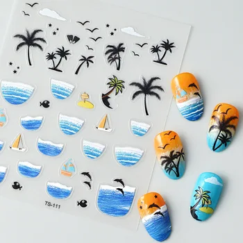 Kokos palma, Morski valovi, Riba, Dupina, 5D Reljef Reljefi, Samoljepljive Naljepnice za dizajn noktiju, Ljetni naljepnice za 3D Manikuru