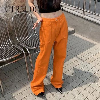 CTRLLOCK Šik traperice narančaste boje s visokim strukom, ženska vanjska odjeća, Ljetni Izravne traper hlače