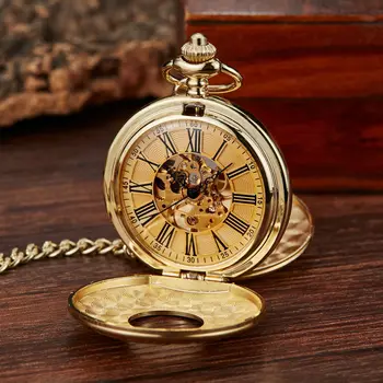 Luksuzni zlatni mehanički džepni satovi za muškarce i žene, gladak i starinski brojčanik je sa rimskim brojevima, muški privjesak sa lancem, viseće sat za zbirke