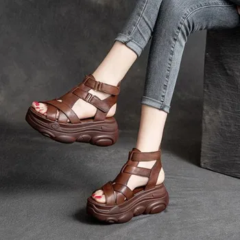 Ženske ljetne sandale na srednje potpetice, ženske cipele na танкетке, Berba sandale od umjetne kože, velike dimenzije, Mujer Sapato Feminino 2023