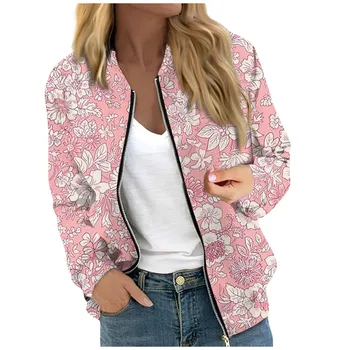 Women ' s Moderan Casual Long Sleeve Floral/Leaf Print Round Neck Zipper Jacket jesenske jakne ženske chaqueta mujer kaput