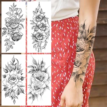 Privremene tetovaže na ruci u obliku crne ruže za žene, odrasle djevojke, privjesak u obliku božur i Mjeseca, otpremnica tetovaža, Seksi vodootporan tetovaže kratkih rukava