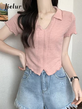 Jielur, Nove čvrste Ženske Kratke majice s V-izrez, Ljetni Korejski Klasicni Seksi Univerzalne Majice, Ženske Modne Slatka Izravne Majice