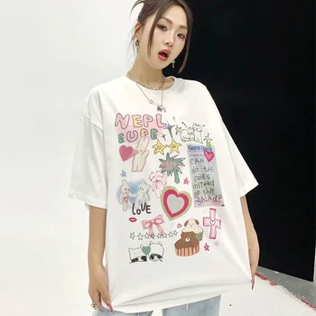Ženska t-shirt s grafitima u obliku životinja, zabavna majica sa likovima iz crtića, majica s uzorkom Харадзюку, majica sa po cijeloj površini 90-ih, moderan estetski vrh, ženska t-shirt
