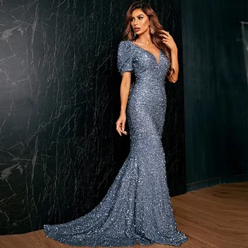 Sjajna Plava haljina za prom sa šljokicama, Bujnom rukava, Sirena, V-oblika dekoltea, Luk, Munja, Elegantan College, Seksi Večernje Haljine Celebrity 2023