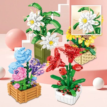 Cvjetni blokovi, cigle, Suncokret, Ruže, biljke, Vrtovi u boji breskve, Romantična klasični model, opeke igračke za djevojčice