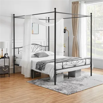 Krevet-platforma Easyfashion Juniper s baldahinom od smreke, crnog Potpuno zakrivljeni jastuk, metalna obloga u obliku sajle i četiri stupa s baldahinom