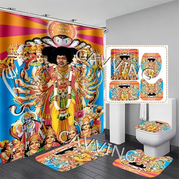 Zavjese za tuširanje s 3D ispis Jimi Hendrix, vodootporan zavjesa za kadu, protuklizni tepih za kadu, Skup toaletne tepisi, Tepih za uređenje doma F01